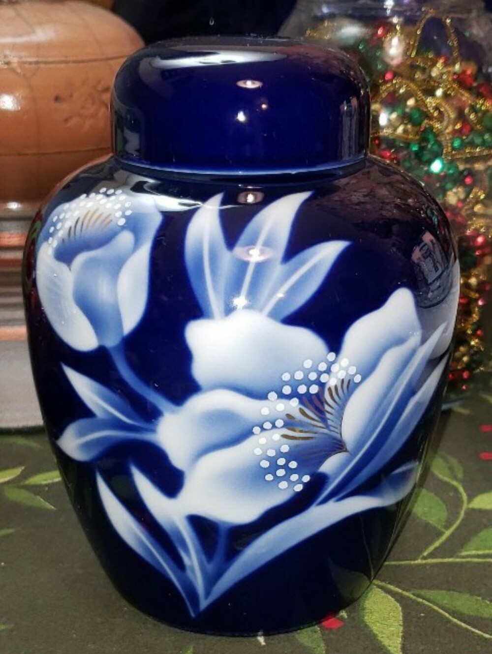 Vintage Toyo Japan Cobalt Blue Ginger Jar With White Flower Design